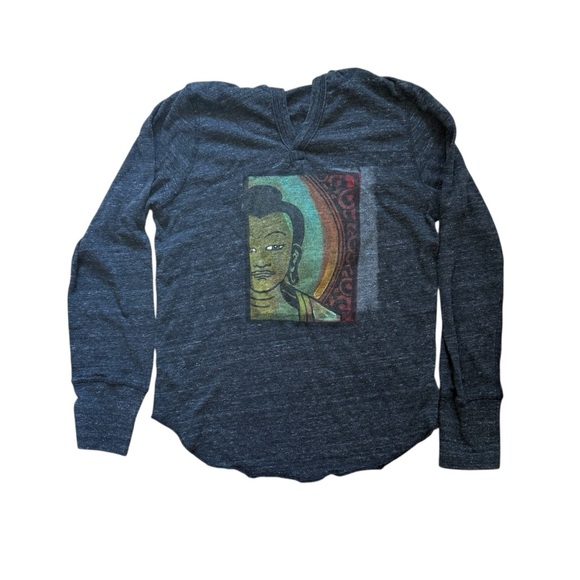 alternative earth Tops - Alternative Earth‎ Painted Vintage Grey Buddha Hooded Long Sleeve T-Shirt XS